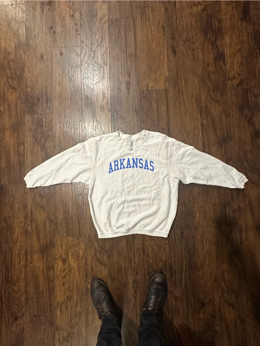 Arkansas Crewneck thermal Sweatshirt in White with Blue Lettering